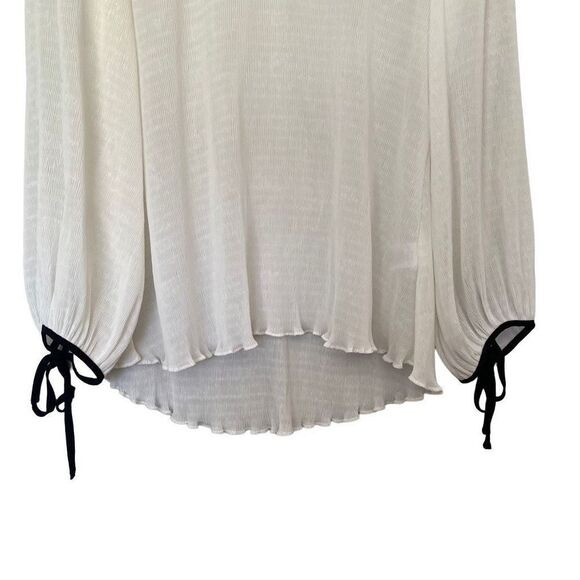 Cue 8 Medium White Chiffon Semi Sheer Blouse Black Trim Tied Sleeve Crew - Picture 3 of 10